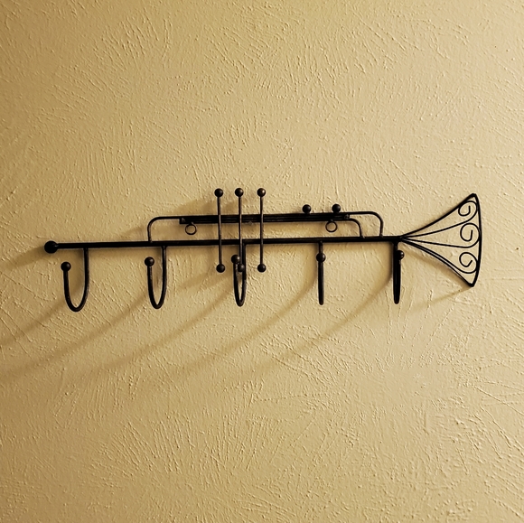 DecorativeIron Trumpet Shape Wall Hook Black w/hints of gold. 21" long - Picture 9 of 9